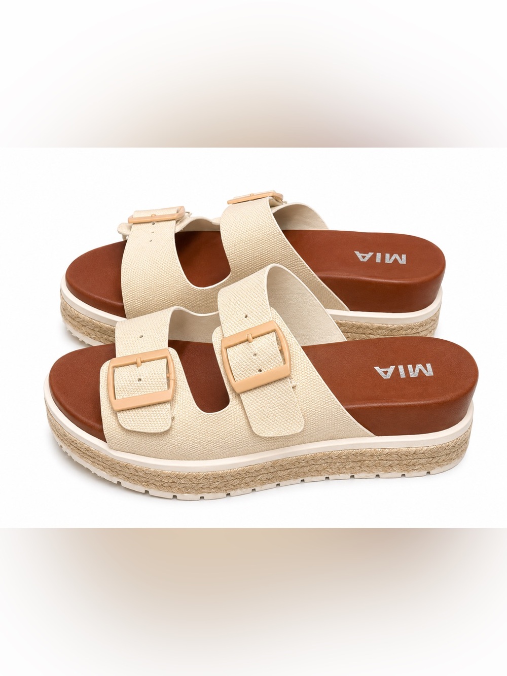 MIA Cream Double-Buckle Espadrille Platform Slides